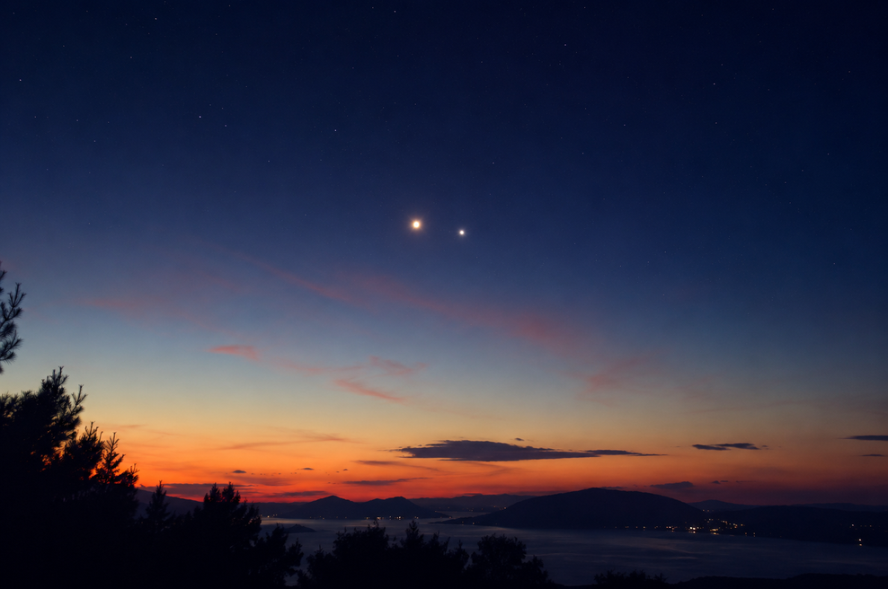 Ta teden bo na nebu viden redek spektakel: kozmičen 'poljub' Venere in Jupitra (foto: ChatGPT, AI)