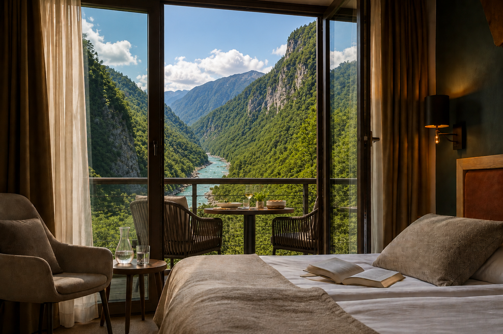 Hotel, ki navdušuje v enem najlepših kotičkov Slovenije: mirne doline, vožnja ob smaragdni reki in  veličastni slap (foto: Uredništvo/chat gpt)