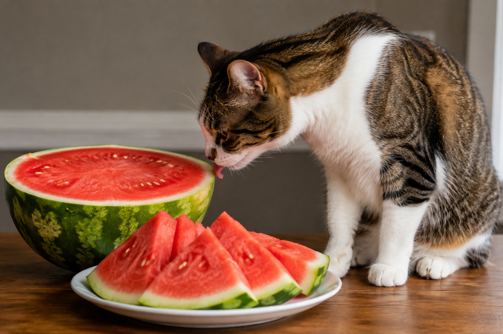 Kaj se zgodi z mačko, če zaužije lubenico? Mnoge lastnike poleti zamika, da bi osvežilen sadež ponudili svoji kosmatinki (foto: ChatGPT)