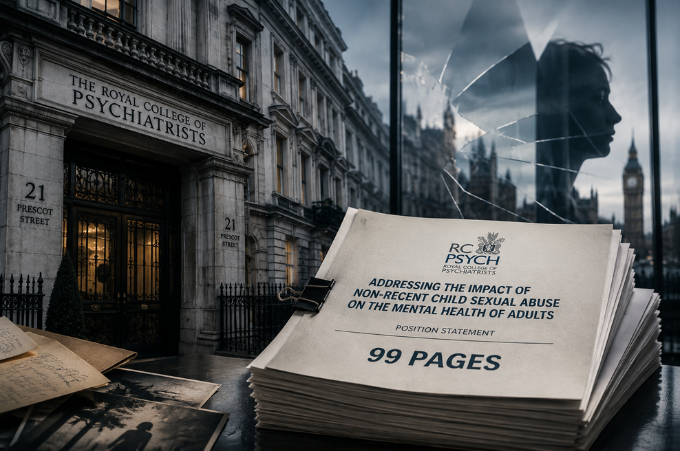 99 strani OPRAVIČILA britanske psihiatrije žrtvam spolnih zlorab v otroštvu (foto: ChatGPT, AI)