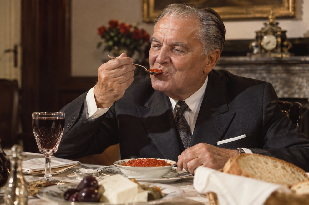 Recept za ajvar, kot ga je jedel Josip Broz Tito: za maršala ga je v dveh barvah pripravljal veliki kuharski mojster (foto: ILUSTRACIJA USTVARJENA Z UI)