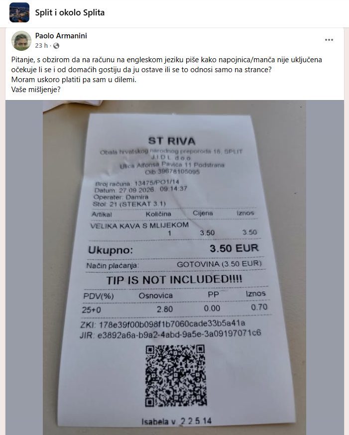 split racun hrvaska jadran angleski jezik napitnina ogorcenje jeza debata turizem dopust denar