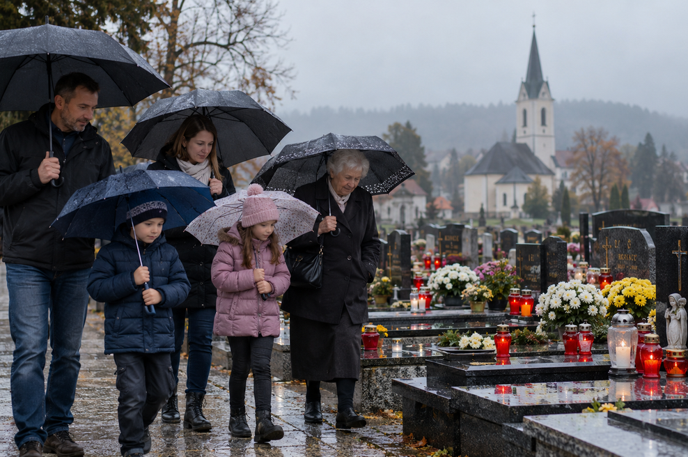 Znano je, kakšno bo vreme na praznični konec tedna: bomo morali na pokopališče vzeti dežnike? (foto: ILUSTRACIJA USTVARJENA Z UI)