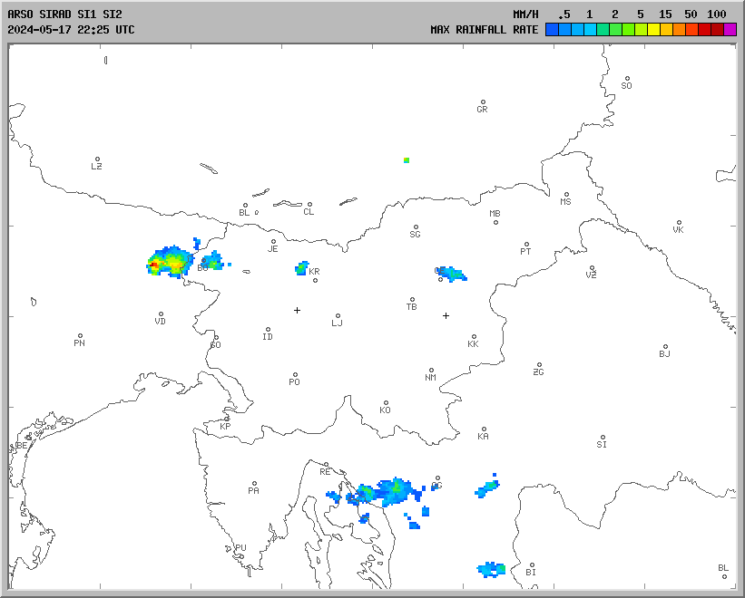 Radarska slika padavin za Slovenijo in sosednje države