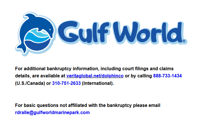 gulfworldmarinepark.com zabaviščni park stečaj bankrot ZDA Florida